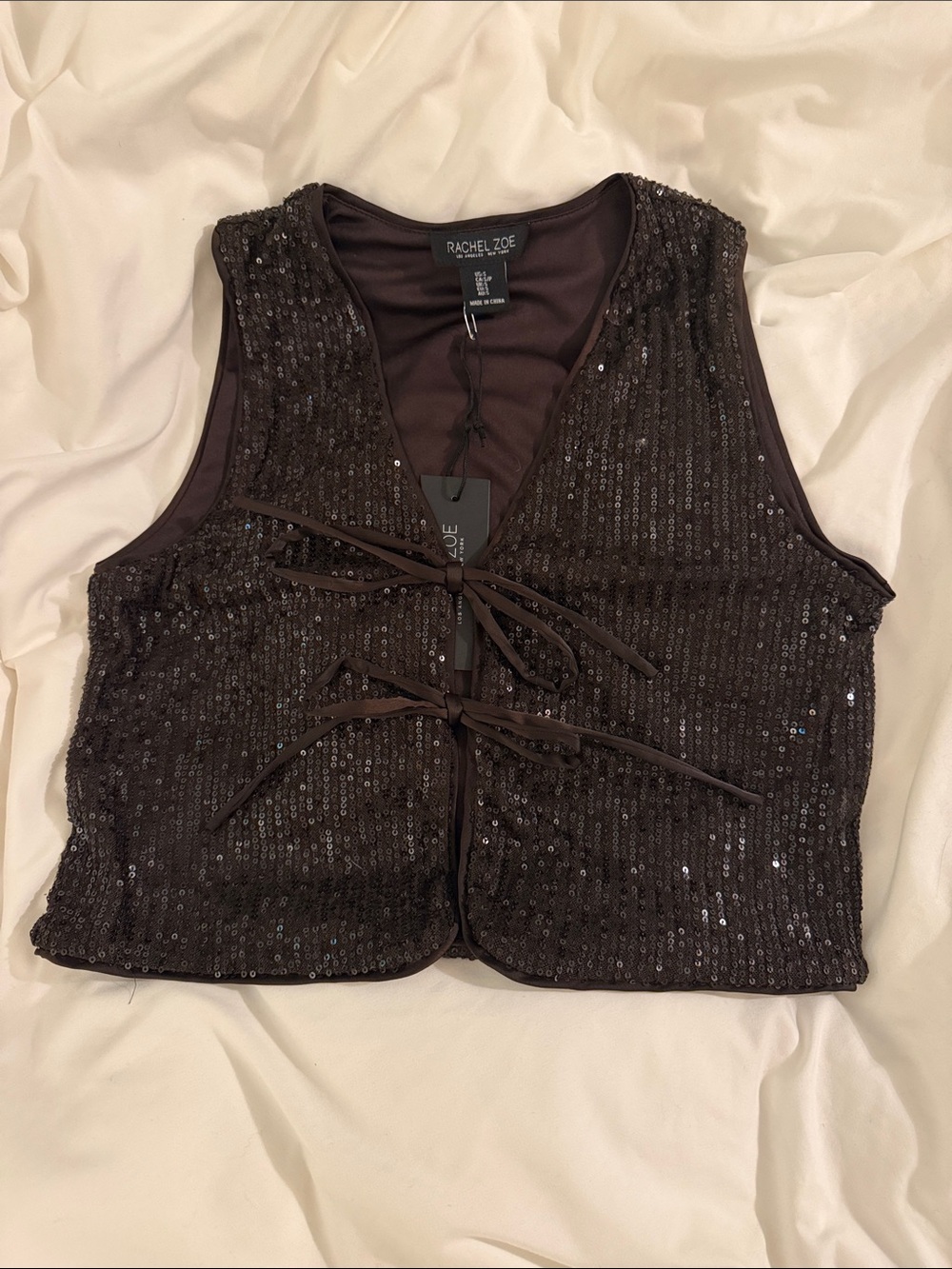 Rachel Zoe Brown Sequin Tie-Front Crop Top